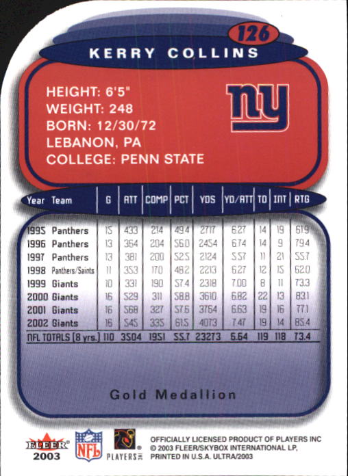 2003 Ultra Gold Medallion #126 Kerry Collins back image