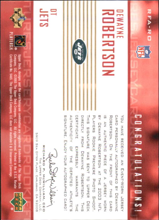 2003 Upper Deck Rookie Future Jerseys Autographs #RFARO DeWayne Robertson/63