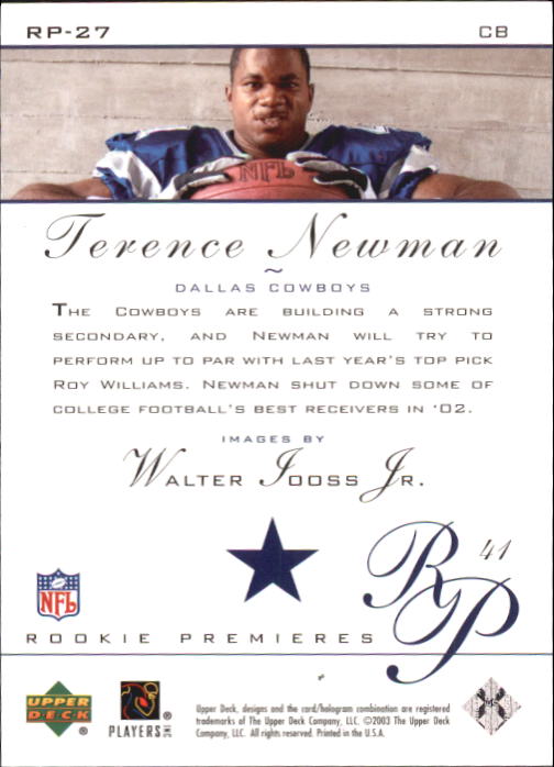 2003 Upper Deck Rookie Premiere #RP27 Terence Newman back image