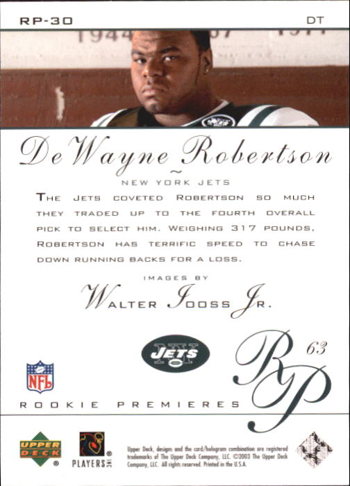 2003 Rookie Premiere (Upper Deck) Football "Main Set" Cards - Picture 45 of 45