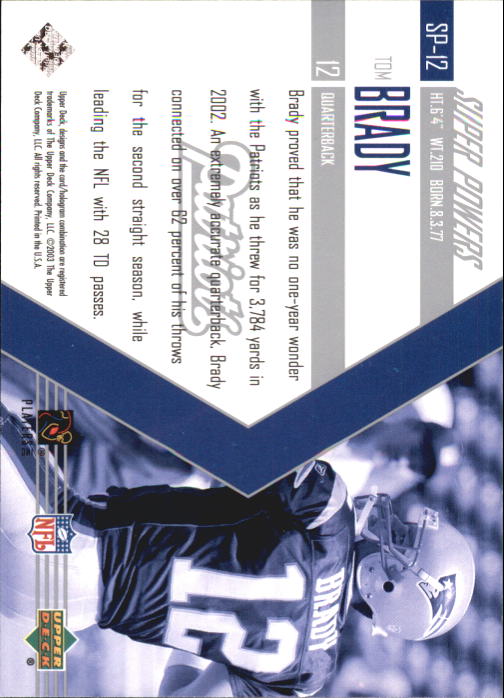 2003 Upper Deck Super Powers #SP12 Tom Brady back image