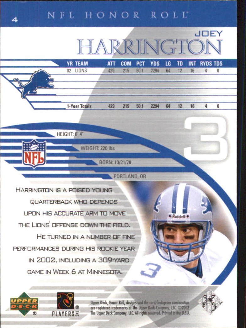 2003 Upper Deck Honor Roll #4 Joey Harrington back image