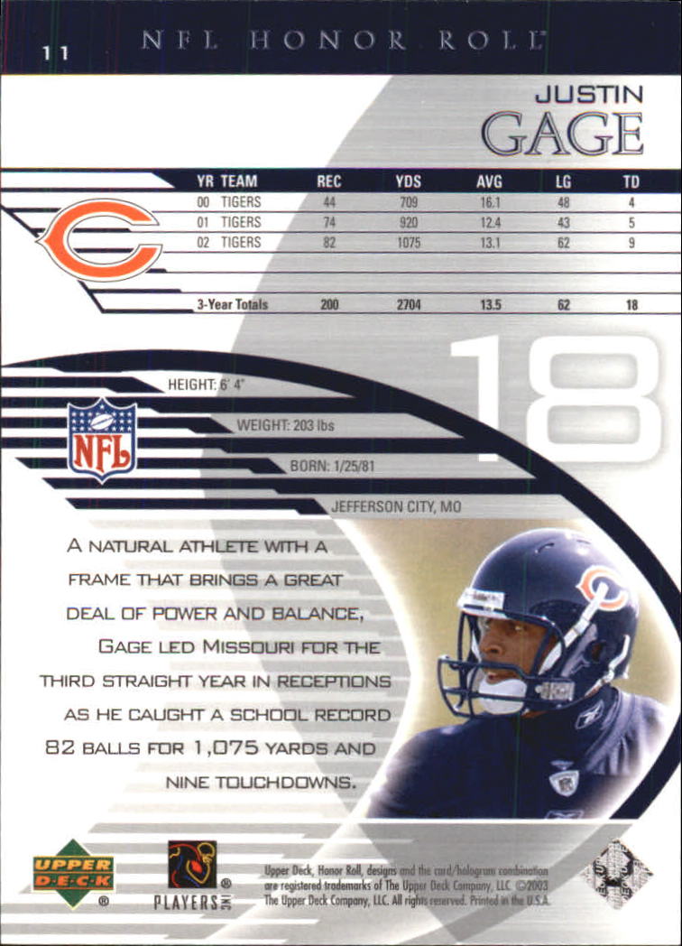 2003 Upper Deck Honor Roll #11 Justin Gage RC back image