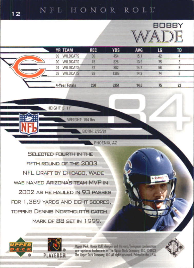 2003 Upper Deck Honor Roll #12 Bobby Wade RC back image