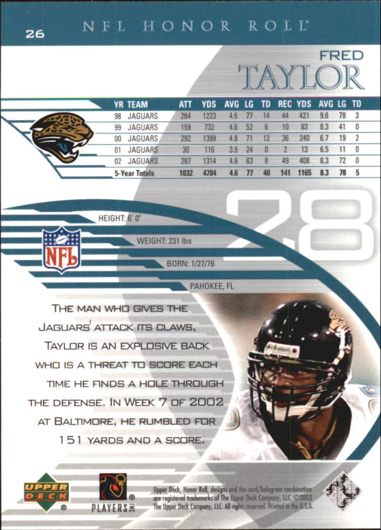 2003 Upper Deck Honor Roll #26 Fred Taylor back image