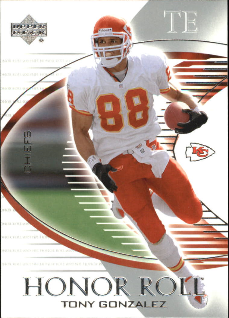 Tony Gonzalez player worn jersey patch football card (Kansas City Chiefs)  2004 Upper Deck Finite Fabrics #FFTG