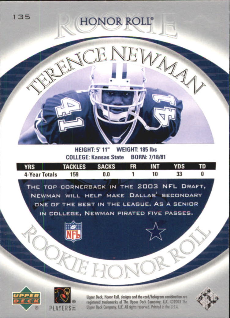 2003 Upper Deck Honor Roll #135 Terence Newman RC back image