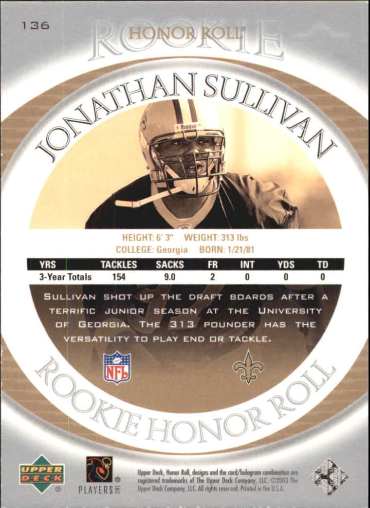 2003 Upper Deck Honor Roll #136 Johnathan Sullivan RC back image