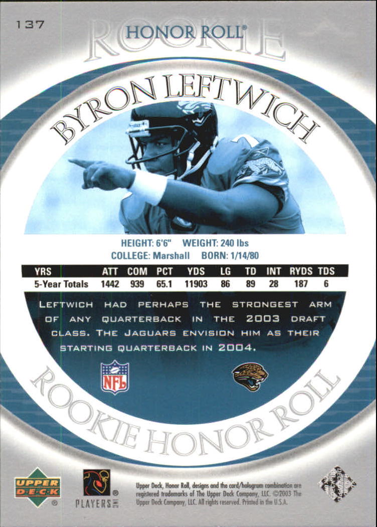2003 Upper Deck Honor Roll #137 Byron Leftwich RC back image