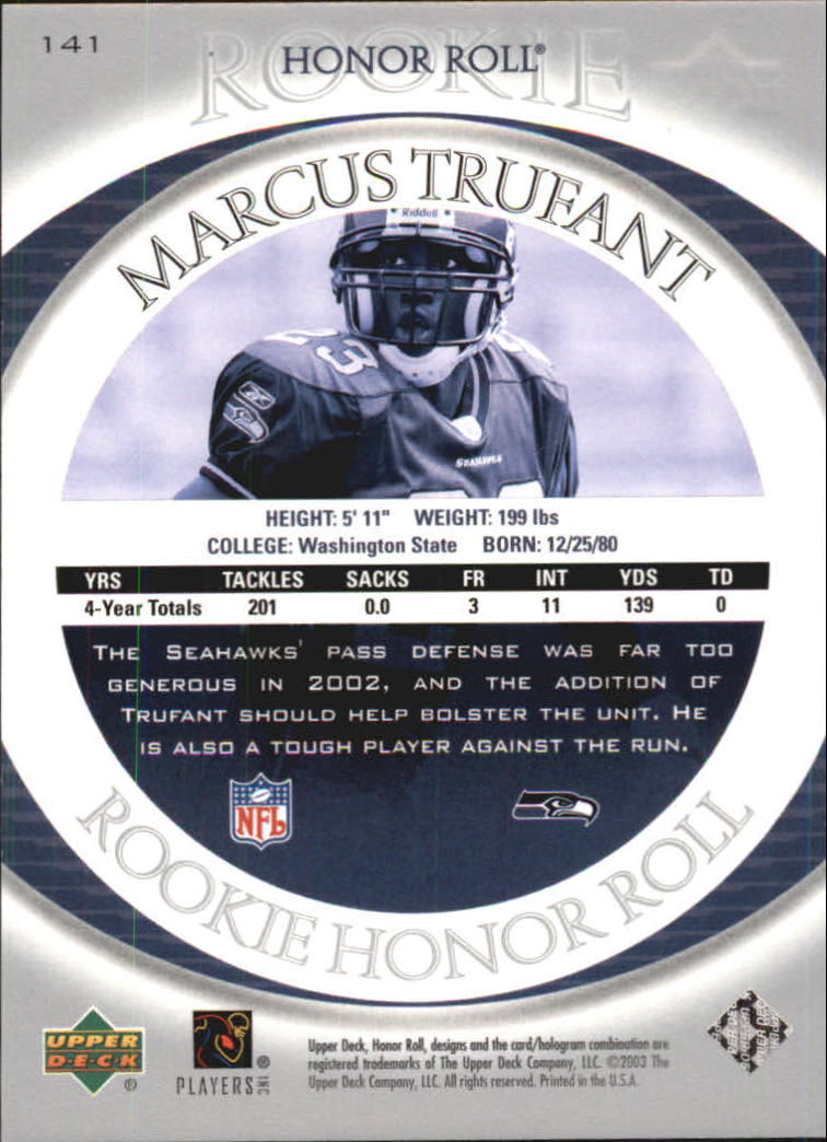 2003 Upper Deck Honor Roll #141 Marcus Trufant RC back image