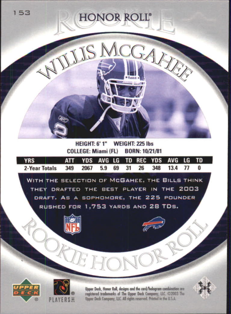 2003 Upper Deck Honor Roll #153 Willis McGahee RC back image