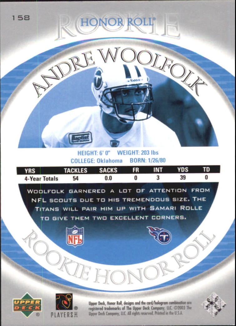 2003 Upper Deck Honor Roll #158 Andre Woolfolk RC back image