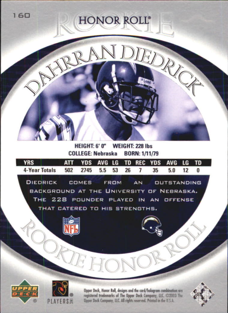 2003 Upper Deck Honor Roll #160 Dahrran Diedrick RC back image