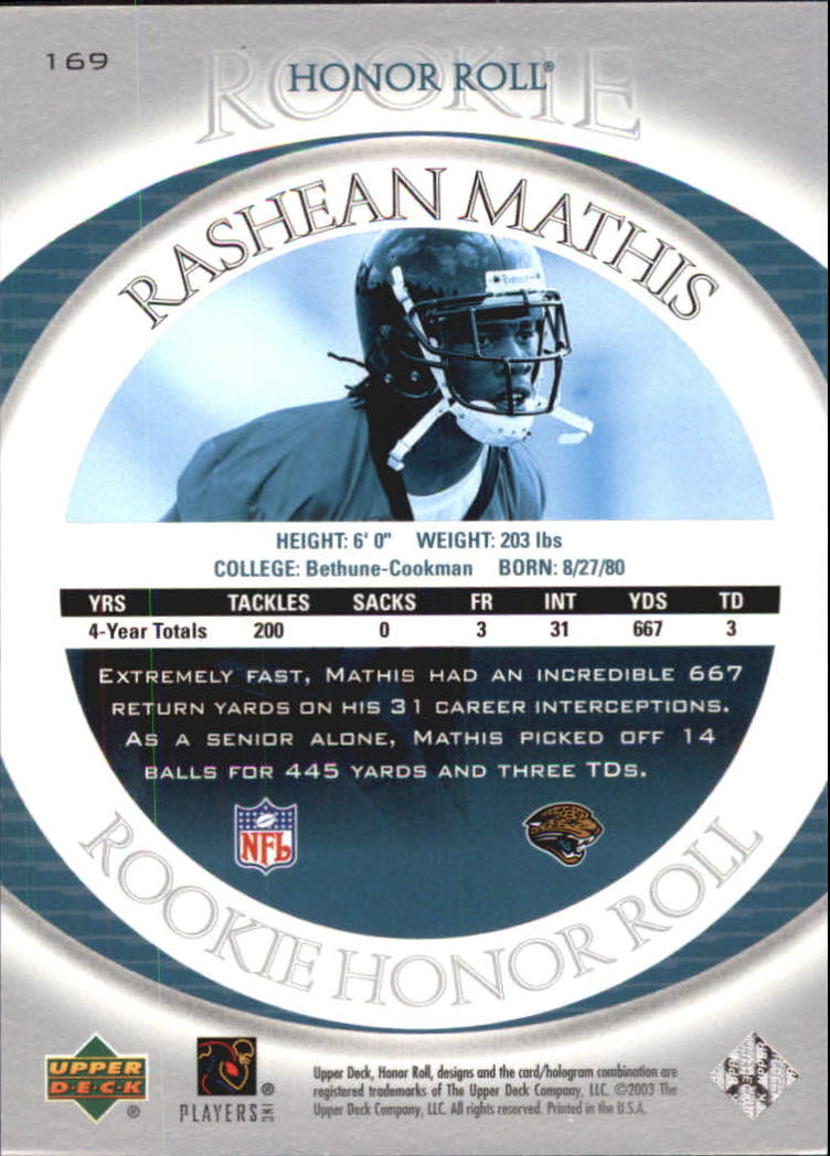 2003 Upper Deck Honor Roll #169 Rashean Mathis RC back image