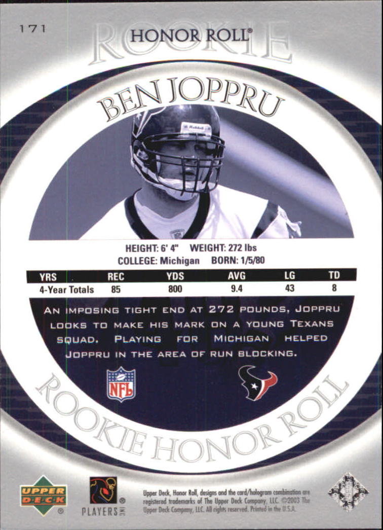 2003 Upper Deck Honor Roll #171 Ben Joppru RC back image