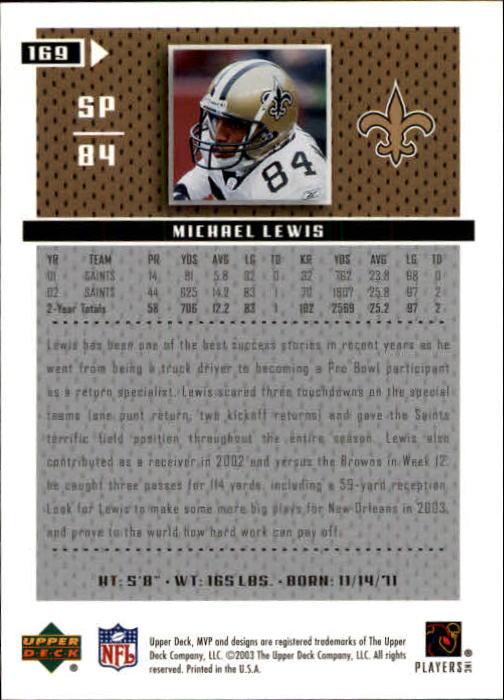 2003 Upper Deck MVP #169 Michael Lewis back image