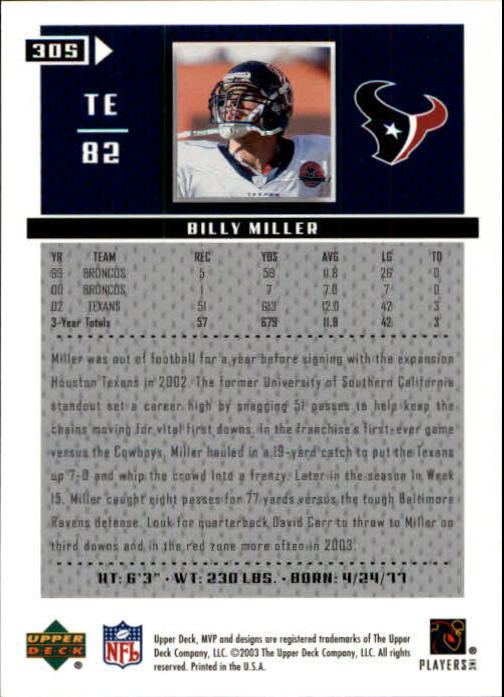 2003 Upper Deck MVP #305 Billy Miller back image