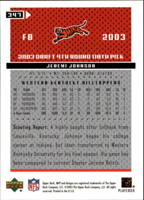 2003 Upper Deck MVP #347 Jeremi Johnson RC back image