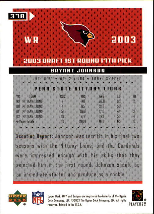 2003 Upper Deck MVP #378 Bryant Johnson RC back image
