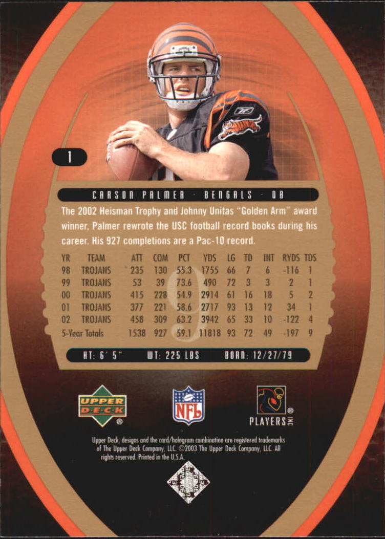 2003 Upper Deck Standing O Rookies #1 Carson Palmer back image