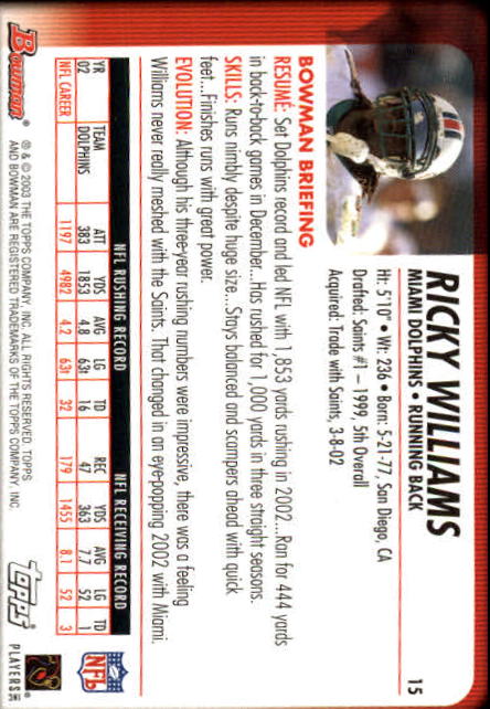 2003 Bowman #15 Ricky Williams back image