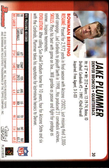 2003 Bowman #30 Jake Plummer back image