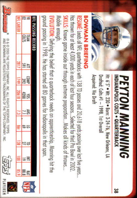 2003 Bowman #38 Peyton Manning back image