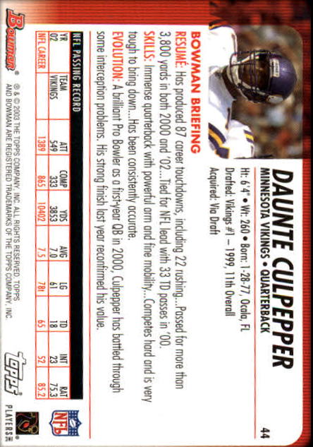 2003 Bowman #44 Daunte Culpepper back image