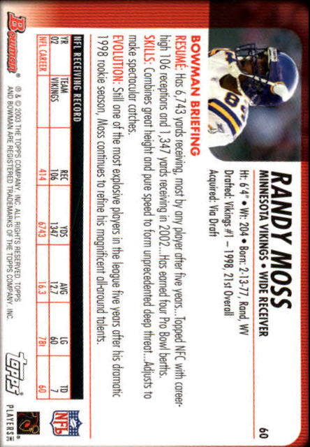2003 Bowman #60 Randy Moss back image