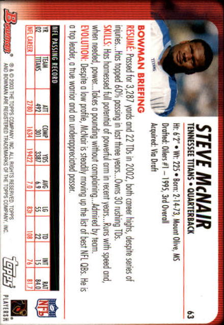 2003 Bowman #63 Steve McNair back image