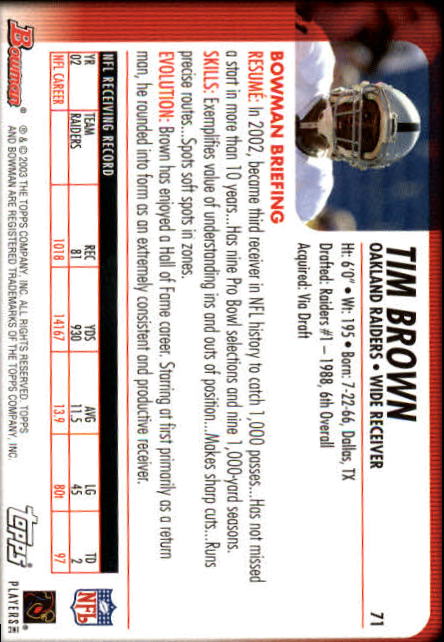 2003 Bowman #71 Tim Brown back image