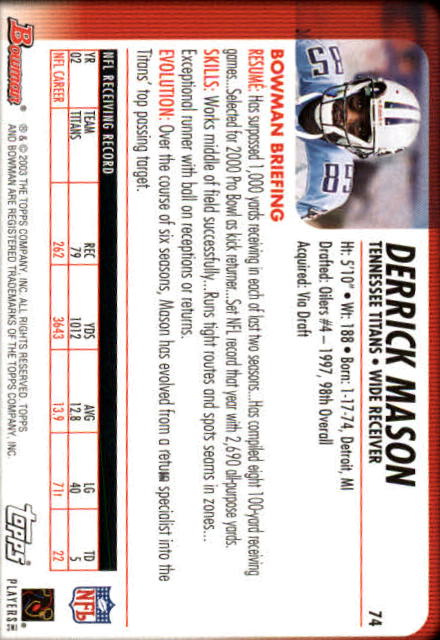 2003 Bowman #74 Derrick Mason back image