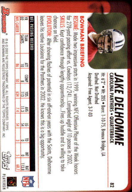 2003 Bowman #82 Jake Delhomme back image