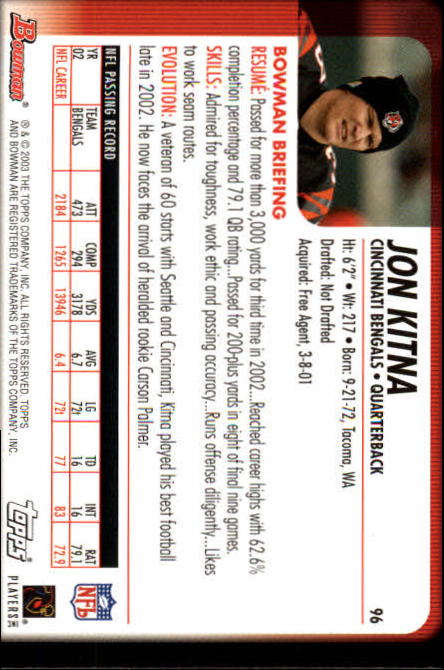 2003 Bowman #96 Jon Kitna back image