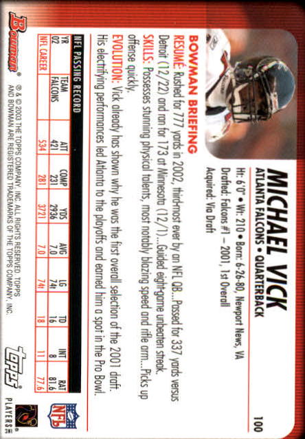 2003 Bowman #100 Michael Vick back image