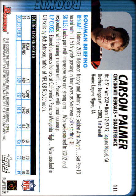 2003 Bowman #111 Carson Palmer RC back image