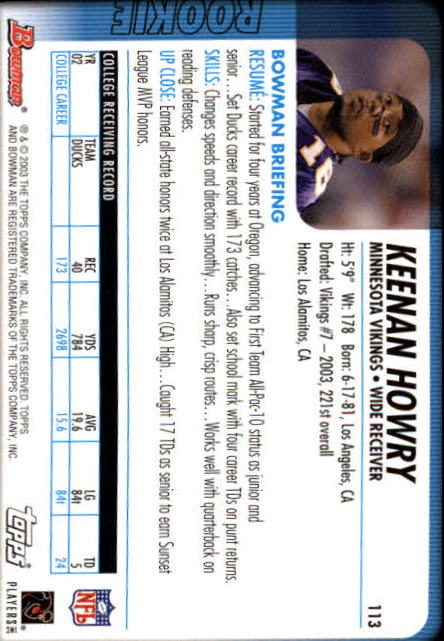 2003 Bowman #113 Keenan Howry RC back image