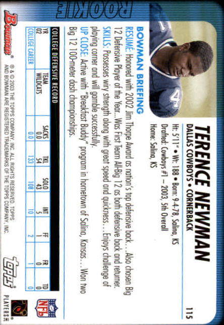 2003 Bowman #115 Terence Newman RC back image