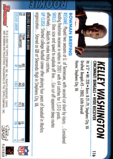 2003 Bowman #116 Kelley Washington RC back image