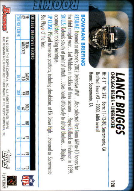 2003 Bowman #120 Lance Briggs RC back image
