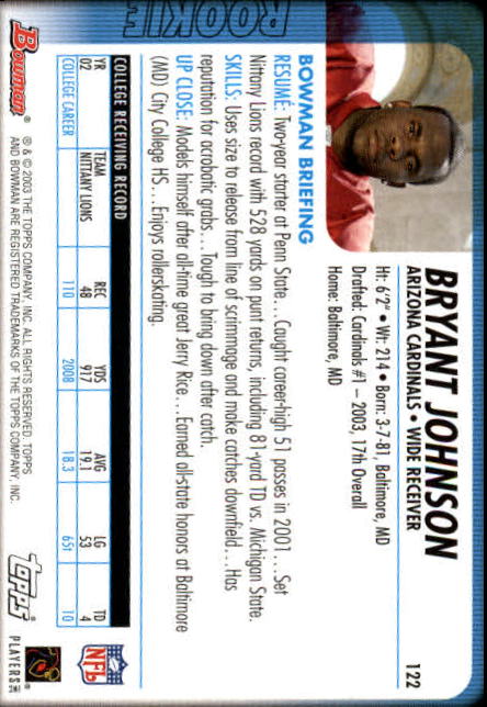 2003 Bowman #122 Bryant Johnson RC back image