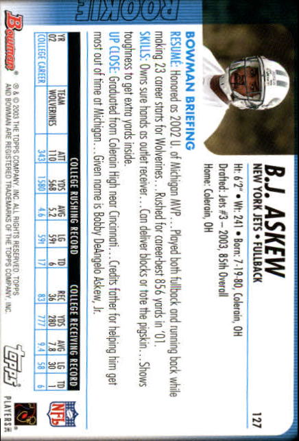 2003 Bowman #127 B.J. Askew RC back image