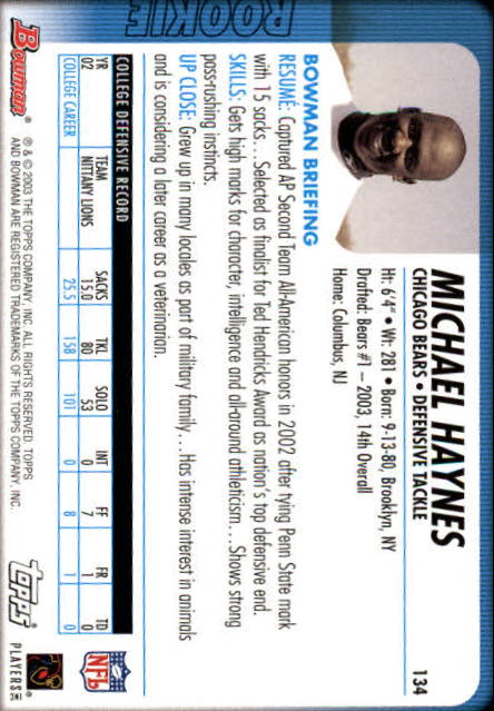 2003 Bowman #134 Michael Haynes RC back image