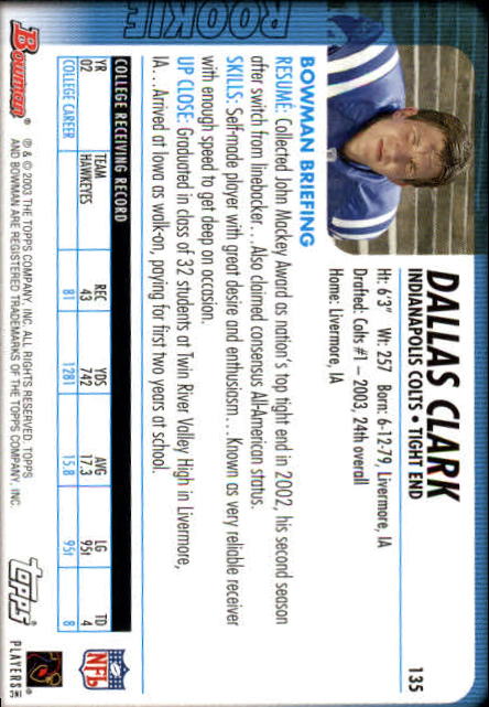 2003 Bowman #135 Dallas Clark RC back image