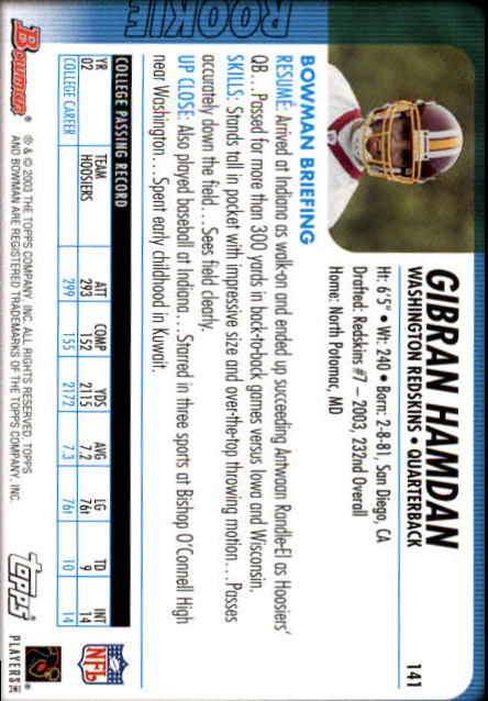 2003 Bowman #141 Gibran Hamdan RC back image