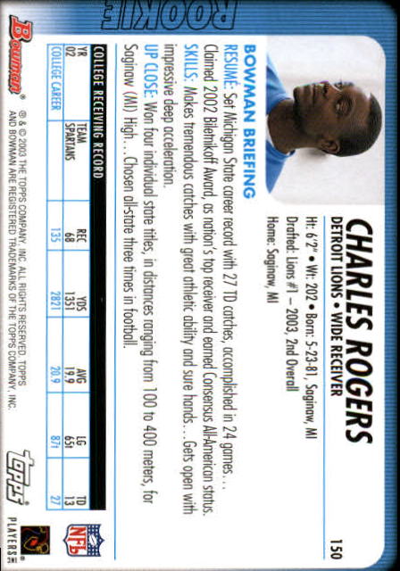 2003 Bowman #150 Charles Rogers RC back image