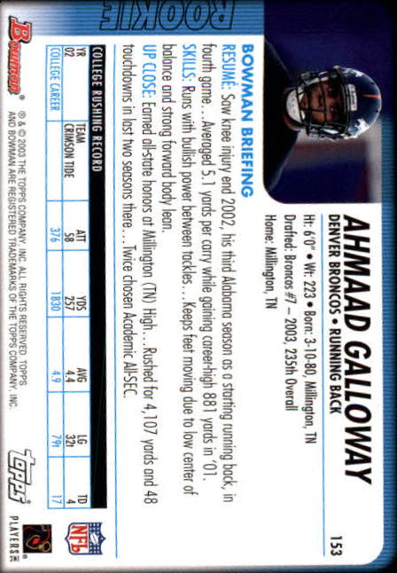 2003 Bowman #153 Ahmaad Galloway RC back image