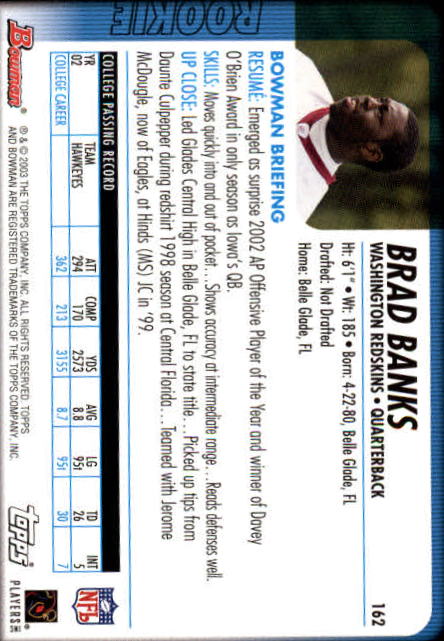 2003 Bowman #162 Brad Banks RC back image
