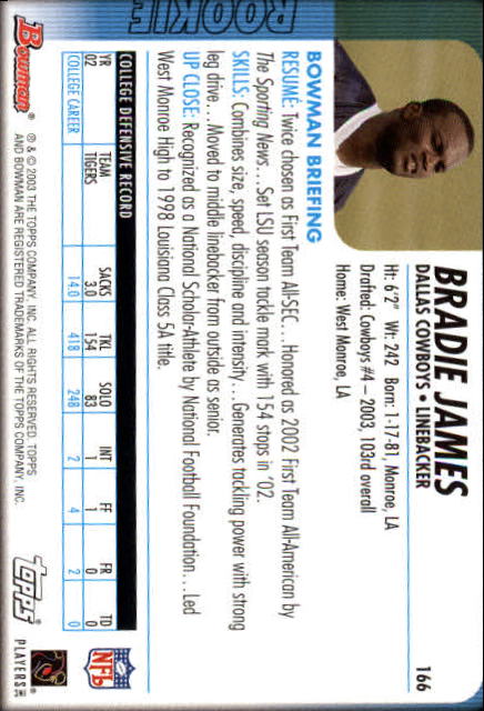 2003 Bowman #166 Bradie James RC back image