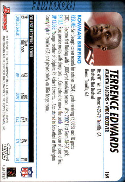 2003 Bowman #169 Terrence Edwards RC back image